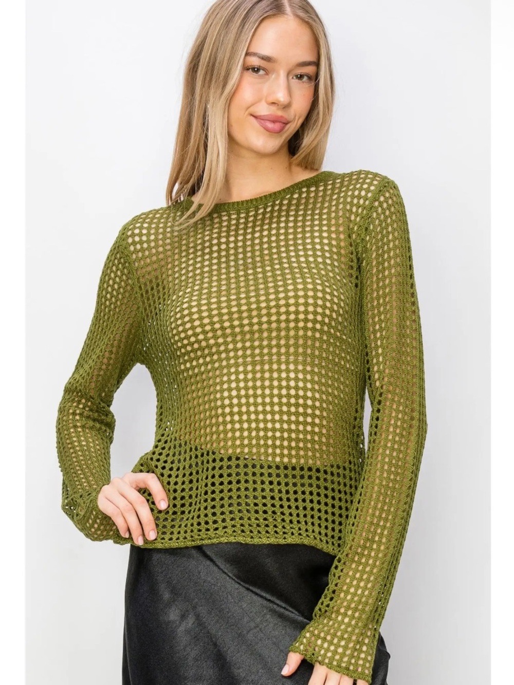 Double Zero- Open-Knit Long Sleeve Women's Top- Moss